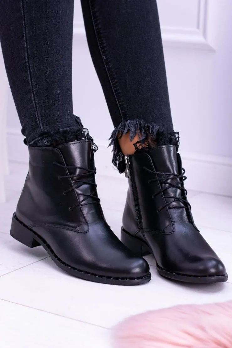 Outlet Boto Ocieplane Skórzane Czarne Damskie Botki Z Koronką Millano