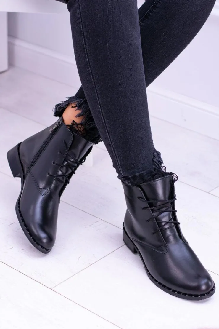 Outlet Boto Ocieplane Skórzane Czarne Damskie Botki Z Koronką Millano