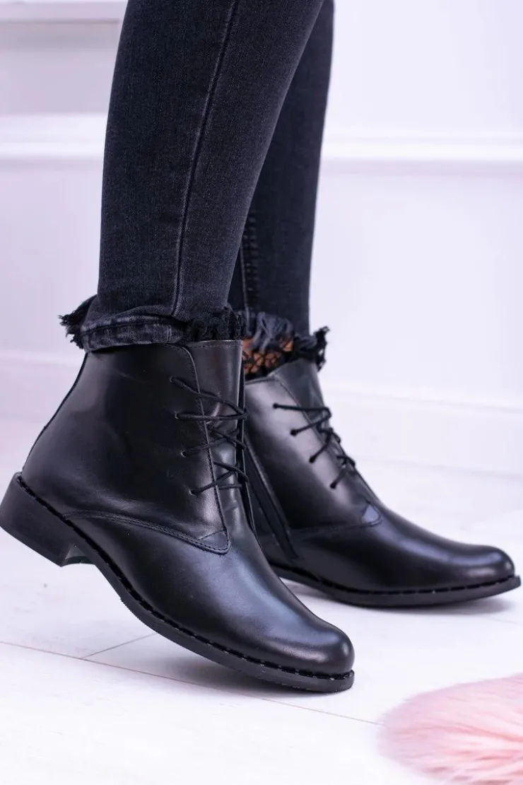 Outlet Boto Ocieplane Skórzane Czarne Damskie Botki Z Koronką Millano