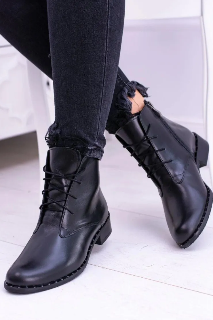 Outlet Boto Ocieplane Skórzane Czarne Damskie Botki Z Koronką Millano