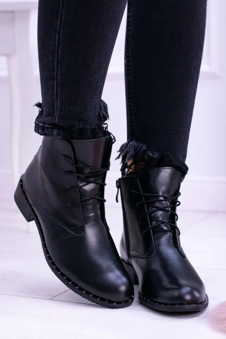 Outlet Boto Ocieplane Skórzane Czarne Damskie Botki Z Koronką Millano