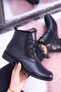 Outlet Boto Ocieplane Skórzane Czarne Damskie Botki Z Koronką Millano