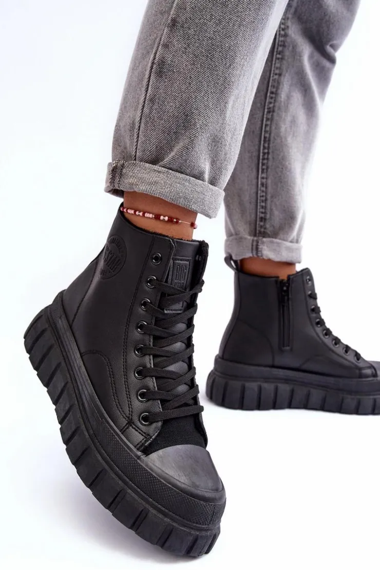 Damskie Big Star Shoes Ocieplane Skórzane Trampki Na Zamek Big Star MM274625 Czarne