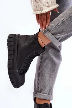 Damskie Big Star Shoes Ocieplane Skórzane Trampki Na Zamek Big Star MM274625 Czarne