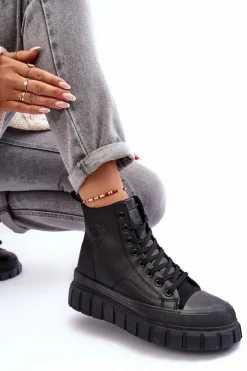 Damskie Big Star Shoes Ocieplane Skórzane Trampki Na Zamek Big Star MM274625 Czarne