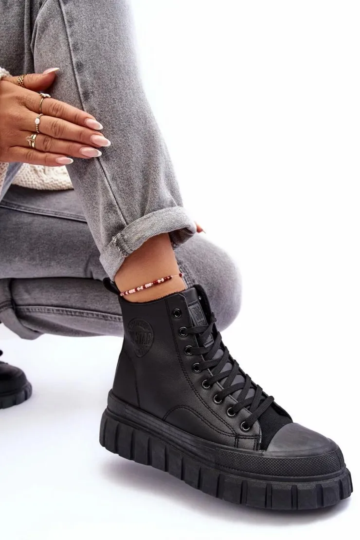 Damskie Big Star Shoes Ocieplane Skórzane Trampki Na Zamek Big Star MM274625 Czarne