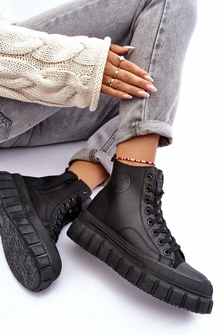 Damskie Big Star Shoes Ocieplane Skórzane Trampki Na Zamek Big Star MM274625 Czarne