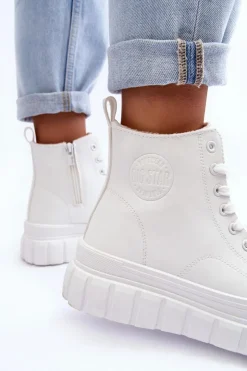 Big Star Shoes Trampki Damskie Big Star|Trampki Damskie Wysokie*Ocieplane Skórzane Trampki Na Zamek Big Star MM274624 Białe Biały