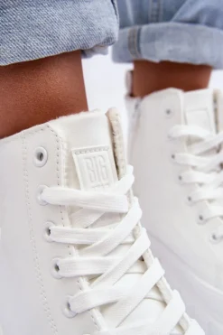 Big Star Shoes Trampki Damskie Big Star|Trampki Damskie Wysokie*Ocieplane Skórzane Trampki Na Zamek Big Star MM274624 Białe Biały