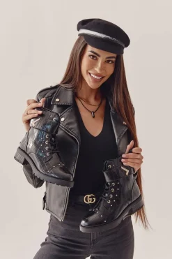 Boto Botki Sznurowane|Czarne Botki*Ocieplane Skórzane Wężowe Botki Czarne Colira