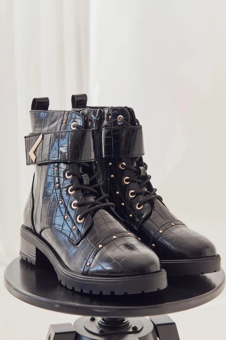 Boto Botki Sznurowane|Czarne Botki*Ocieplane Skórzane Wężowe Botki Czarne Colira