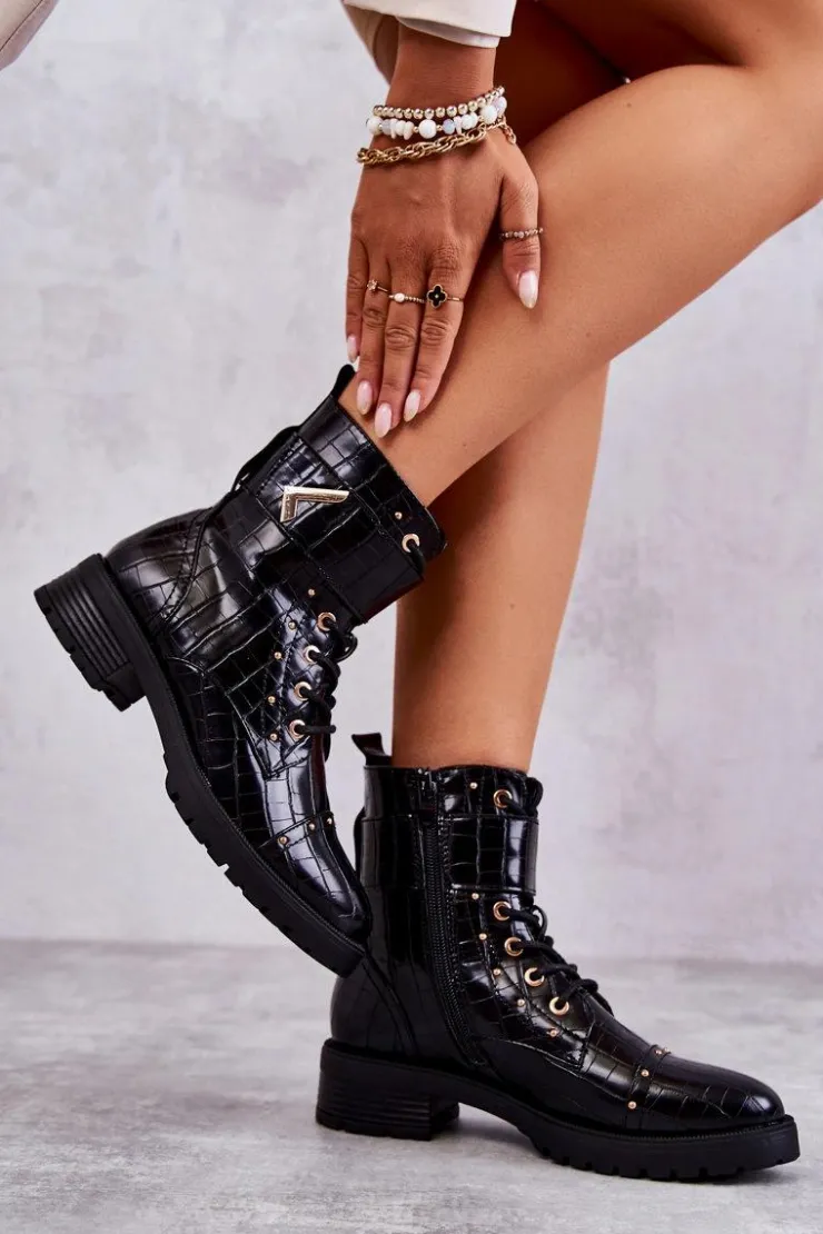 Boto Botki Sznurowane|Czarne Botki*Ocieplane Skórzane Wężowe Botki Czarne Colira