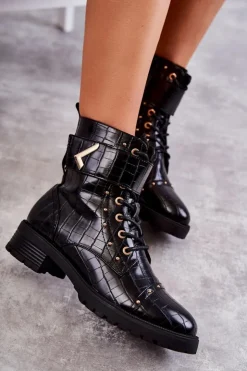 Boto Botki Sznurowane|Czarne Botki*Ocieplane Skórzane Wężowe Botki Czarne Colira