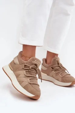 Clearance Boto Ocieplane Sneakersy Damskie Na Platformie Beżowe Juvira