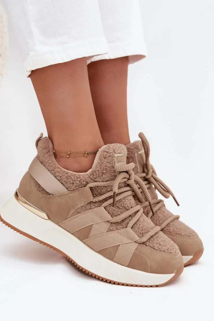 Clearance Boto Ocieplane Sneakersy Damskie Na Platformie Beżowe Juvira