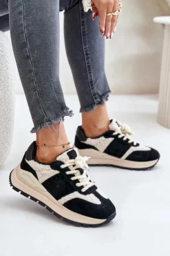 Big Star Shoes Buty Sportowe Big Star|Sneakersy Damskie*Ocieplane Sneakersy Damskie Skórzane Big Star OO274A318 HI-POLY SYSTEM Czarne Czarny