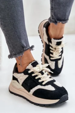 Big Star Shoes Buty Sportowe Big Star|Sneakersy Damskie*Ocieplane Sneakersy Damskie Skórzane Big Star OO274A318 HI-POLY SYSTEM Czarne Czarny