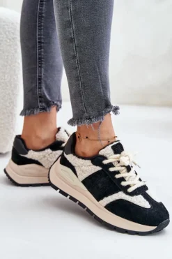 Big Star Shoes Buty Sportowe Big Star|Sneakersy Damskie*Ocieplane Sneakersy Damskie Skórzane Big Star OO274A318 HI-POLY SYSTEM Czarne Czarny