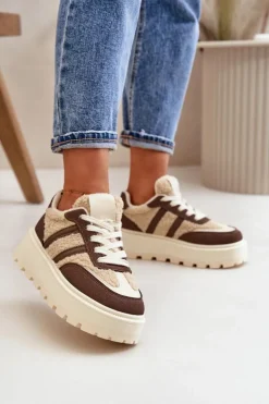 Boto Sneakersy Damskie*Ocieplane Sneakersy Damskie Na Platformie Z Kożuchem Brązowe Daivlene