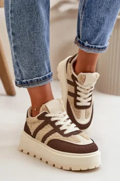 Boto Sneakersy Damskie*Ocieplane Sneakersy Damskie Na Platformie Z Kożuchem Brązowe Daivlene