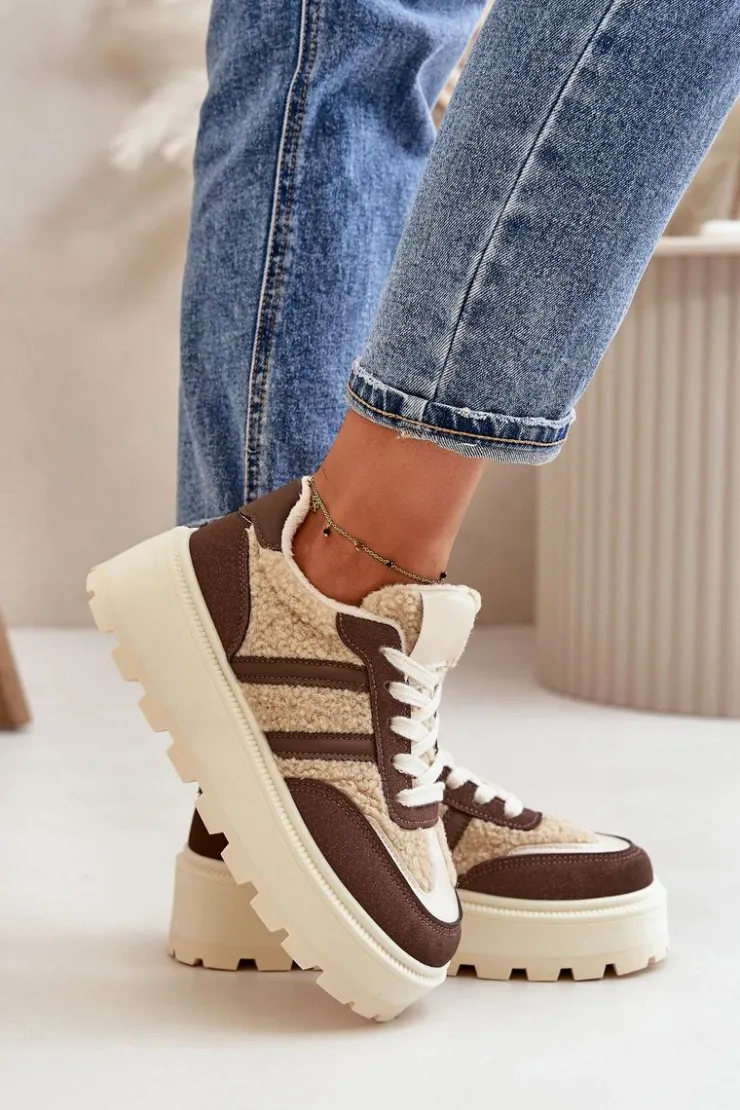 Boto Sneakersy Damskie*Ocieplane Sneakersy Damskie Na Platformie Z Kożuchem Brązowe Daivlene