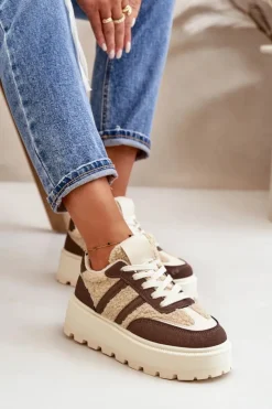 Boto Sneakersy Damskie*Ocieplane Sneakersy Damskie Na Platformie Z Kożuchem Brązowe Daivlene