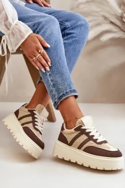 Boto Sneakersy Damskie*Ocieplane Sneakersy Damskie Na Platformie Z Kożuchem Brązowe Daivlene