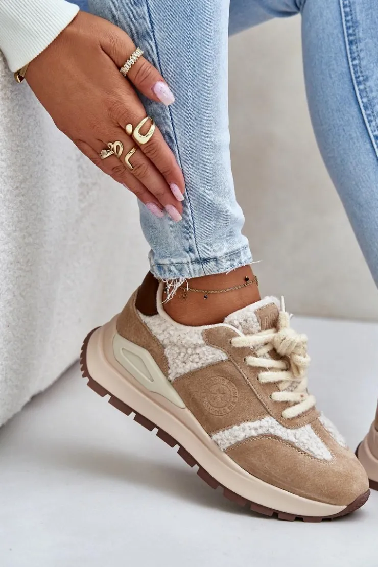 Damskie Big Star Shoes Ocieplane Sneakersy Damskie Skórzane Big Star OO274A317 HI-POLY SYSTEM Beżowe