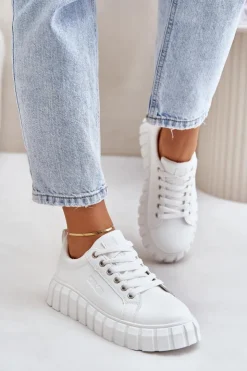 Big Star Shoes Ocieplane Sneakersy Damskie Big Star MM274616 Białe Biały