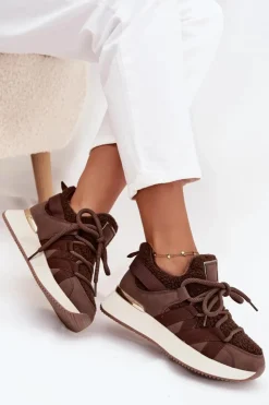 Damskie Boto Ocieplane Sneakersy Damskie Na Platformie Brązowe Juvira