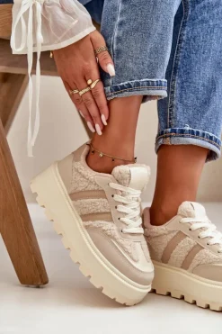 Online Boto Ocieplane Sneakersy Damskie Na Platformie Z Kożuchem Beżowe Daivlene Beżowy