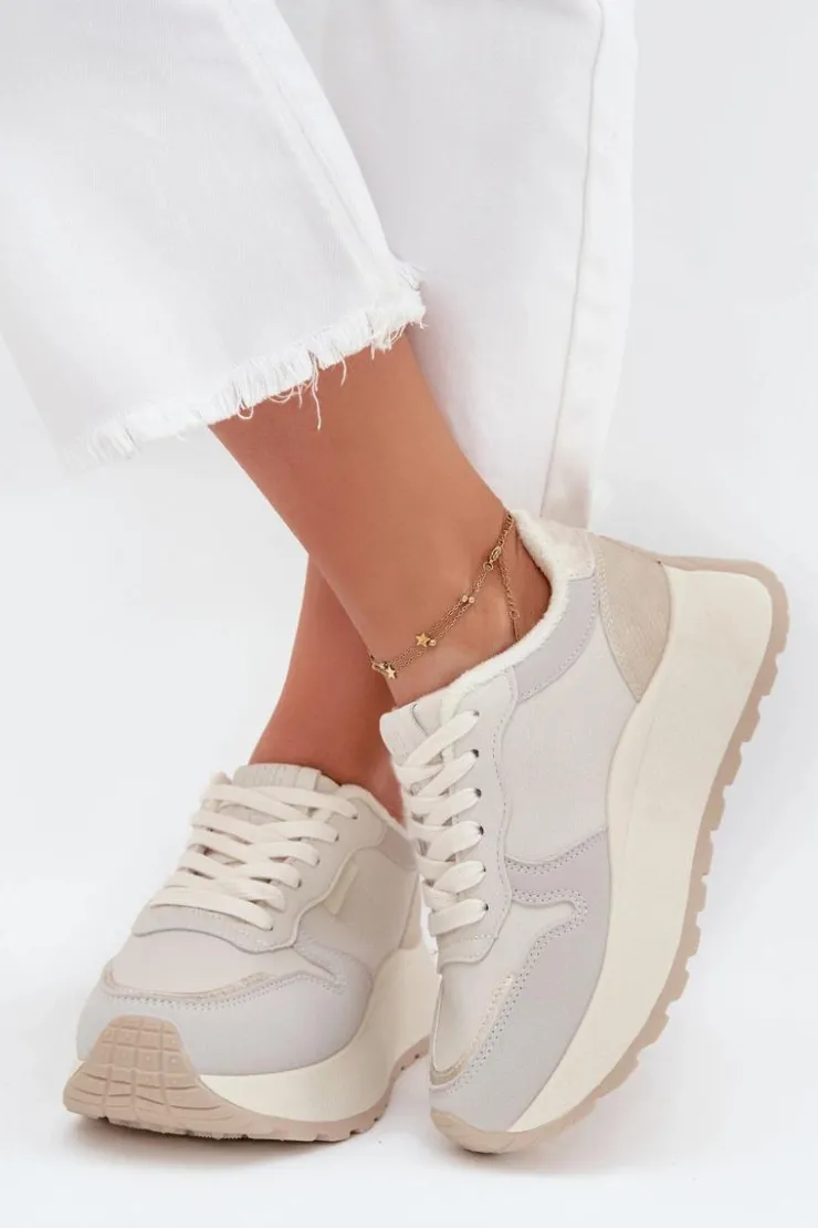 Sale Big Star Shoes Ocieplane Sneakersy Damskie Na Platformie Big Star SS274008 HI-POLY SYSTEM Jasnobeżowe Biały