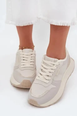 Sale Big Star Shoes Ocieplane Sneakersy Damskie Na Platformie Big Star SS274008 HI-POLY SYSTEM Jasnobeżowe Biały