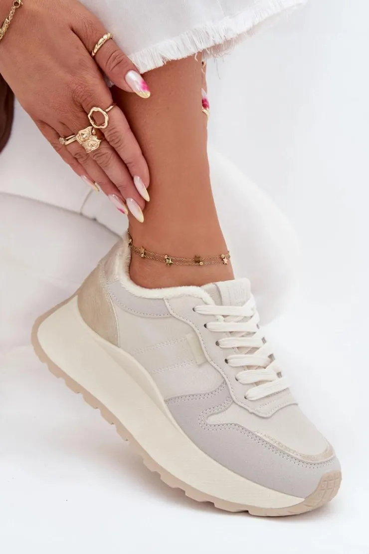 Sale Big Star Shoes Ocieplane Sneakersy Damskie Na Platformie Big Star SS274008 HI-POLY SYSTEM Jasnobeżowe Biały