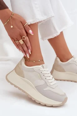 Sale Big Star Shoes Ocieplane Sneakersy Damskie Na Platformie Big Star SS274008 HI-POLY SYSTEM Jasnobeżowe Biały