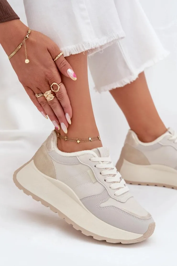 Sale Big Star Shoes Ocieplane Sneakersy Damskie Na Platformie Big Star SS274008 HI-POLY SYSTEM Jasnobeżowe Biały