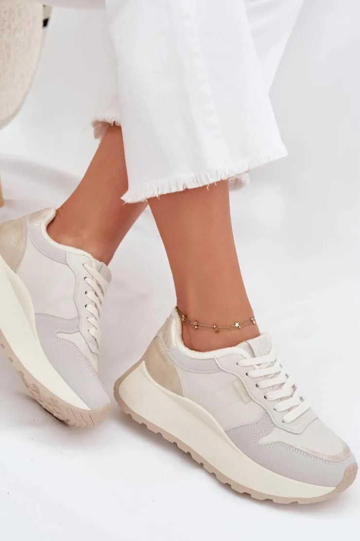 Sale Big Star Shoes Ocieplane Sneakersy Damskie Na Platformie Big Star SS274008 HI-POLY SYSTEM Jasnobeżowe Biały