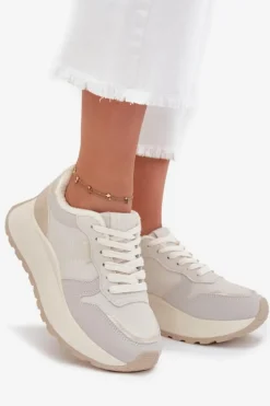 Sale Big Star Shoes Ocieplane Sneakersy Damskie Na Platformie Big Star SS274008 HI-POLY SYSTEM Jasnobeżowe Biały