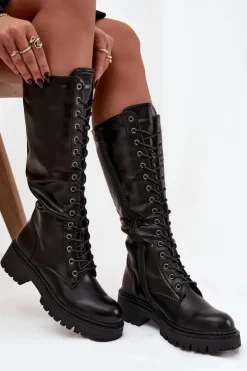 Damskie Boto Ocieplane Sznurowane Kozaki Glany Damskie Czarne Novissa