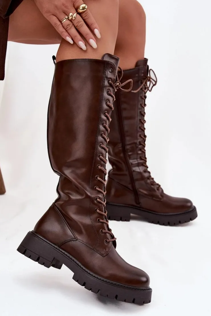 Clearance Boto Ocieplane Sznurowane Kozaki Damskie Czekoladowe Meliora