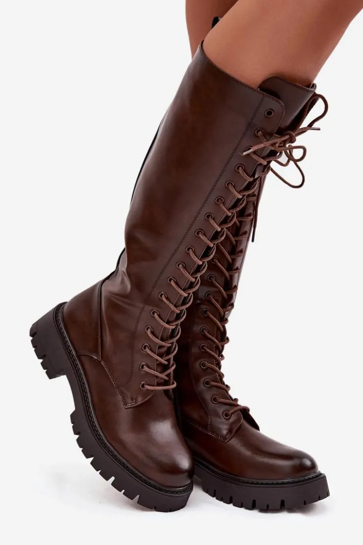 Clearance Boto Ocieplane Sznurowane Kozaki Damskie Czekoladowe Meliora