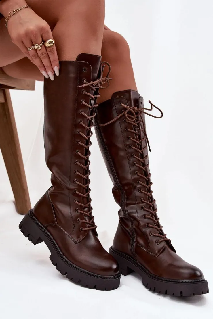 Clearance Boto Ocieplane Sznurowane Kozaki Damskie Czekoladowe Meliora