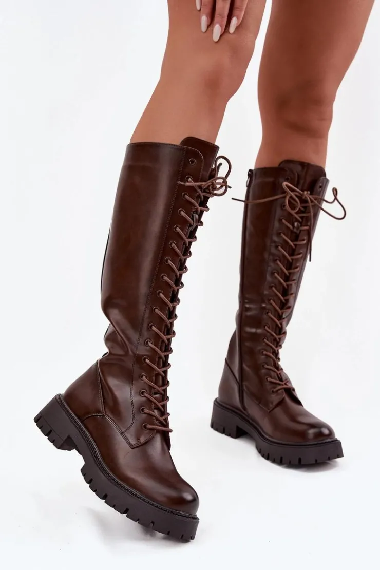 Clearance Boto Ocieplane Sznurowane Kozaki Damskie Czekoladowe Meliora