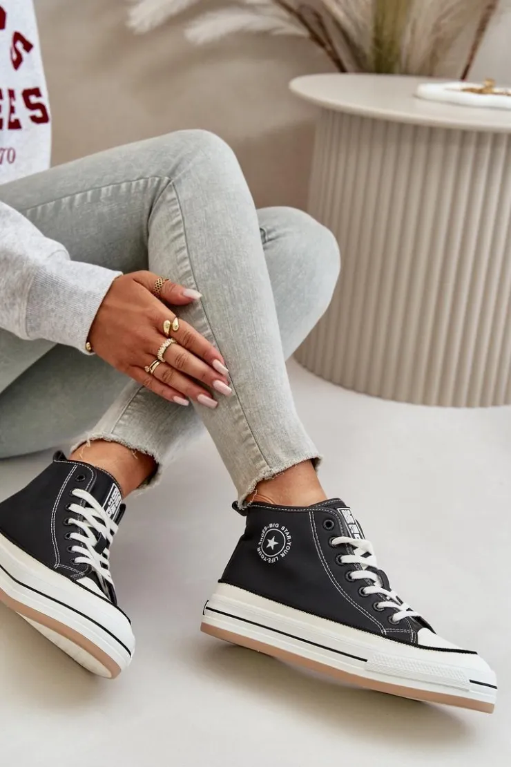 Big Star Shoes Trampki Ocieplane|Trampki Damskie Big Star*Ocieplane Trampki Damskie Na Platformie Eko Skórzane Big Star OO274062 Czarne Czarny