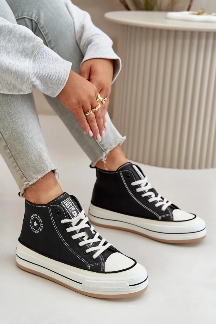 Big Star Shoes Trampki Ocieplane|Trampki Damskie Big Star*Ocieplane Trampki Damskie Na Platformie Eko Skórzane Big Star OO274062 Czarne Czarny