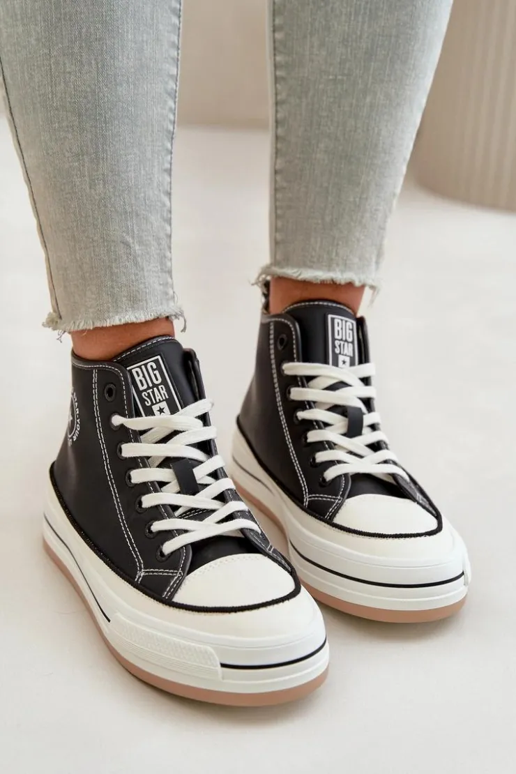 Big Star Shoes Trampki Ocieplane|Trampki Damskie Big Star*Ocieplane Trampki Damskie Na Platformie Eko Skórzane Big Star OO274062 Czarne Czarny