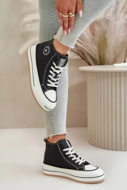 Big Star Shoes Trampki Ocieplane|Trampki Damskie Big Star*Ocieplane Trampki Damskie Na Platformie Eko Skórzane Big Star OO274062 Czarne Czarny