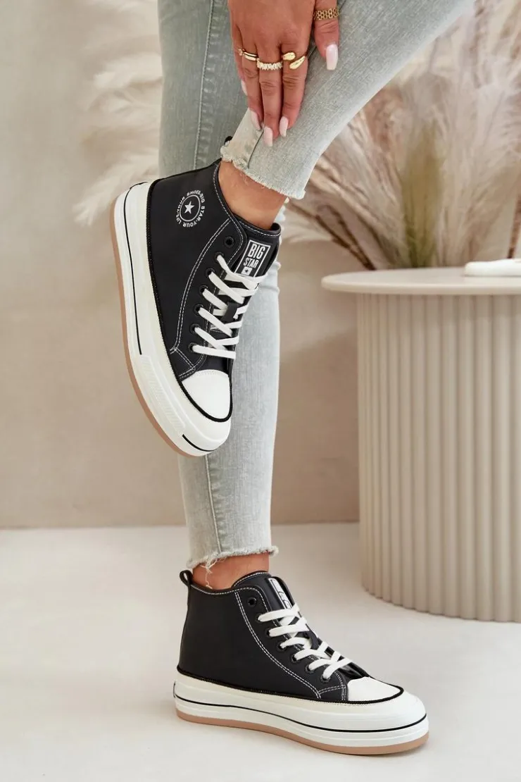 Big Star Shoes Trampki Ocieplane|Trampki Damskie Big Star*Ocieplane Trampki Damskie Na Platformie Eko Skórzane Big Star OO274062 Czarne Czarny