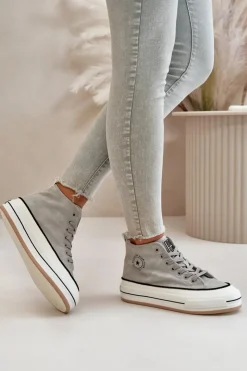 Big Star Shoes Trampki Ocieplane|Trampki Damskie Big Star*Ocieplane Trampki Damskie Na Platformie Eko Skórzane Big Star OO274070 Szare