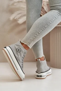 Big Star Shoes Trampki Ocieplane|Trampki Damskie Big Star*Ocieplane Trampki Damskie Na Platformie Eko Skórzane Big Star OO274070 Szare